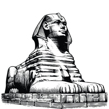 hand drawn Great Sphinx of Giza statue illustration. engraving black and white sphinx statue vector illustration isolated on white background