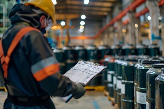 Worker verifying chemical information in storage area Industrial safety focus