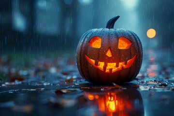 Halloween pumpkin lantern glowing in the rain on a dark autumn night