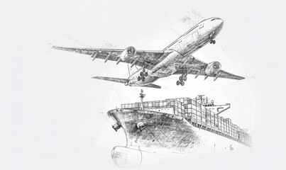 Detailed pencil sketch of an airplane in flight and a cargo ship, representing global transportation and logistics.
