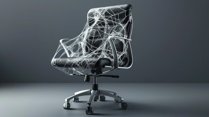 Office chair covered in cobwebs against a dark background, symbolizing neglect and abandonment in professional settings.