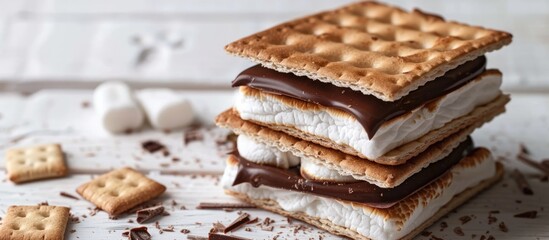 Tasty marshmallow sandwich with crackers and chocolate on a white wooden surface, close-up. Room for adding text
