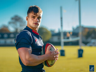A strong pose of a male rugby player holding a rugby ball, standing firmly with a determined expression, wearing a team jersey and shorts, with the rugby field and goalposts blurred in the background