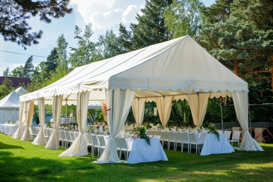 White folding tents at outdoor wedding reception for banquet