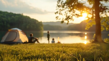 Family camping by a lake with tents and campfire, [Family travel], [nature getaway]