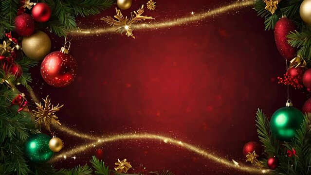 Festive Christmas border with red, green and gold ornaments, pine branches on red background. Perfect for holiday greetings, blank free space.