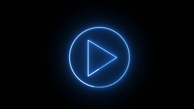 Glowing blue neon flickering play button sign. Bright neon play button animated blinking icon