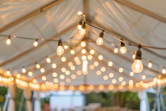 White party tent with patio lights canvas sunshade with hanging string lights chairs and picnic tables in rows - Powered by Adobe
