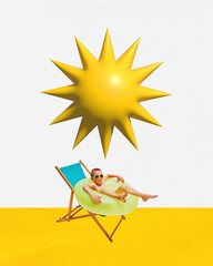 Poster. Contemporary art collage. Boy sitting in inflatable circle in chair and sunbathing on beach under 3D yellow sun. Concept of hot summer holidays, tourism, childhood, rest, adventures.