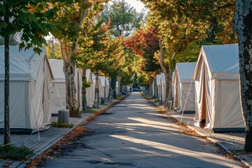 White tents in row on deserted street with trees