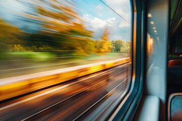 Window view from high speed train showing blurred landscape