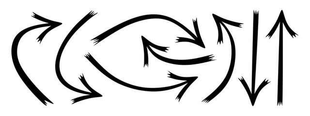 Arrow set. Hand drawn curvy pointers isolated on white background. Collection of various arrow pointing different directions for business plan, presentation, education. Vector illustration