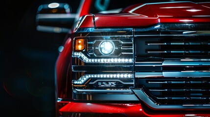 Close up detail on one of the LED headlights red Pickup Truck on black background,copy space