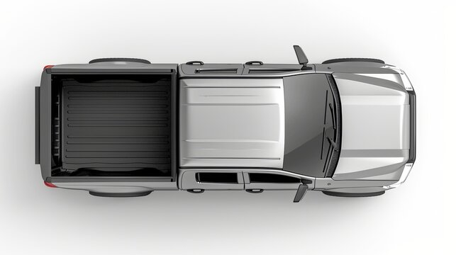 Gray pick up car truck above top view with empty trunk isolated