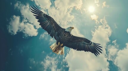 Obraz premium An American flag is soaring through an eagle's wings in this gritty patriotic concept. Memorial Day, Veterans Day, Presidents' Day, and Flag Day celebrations and marketing materials.