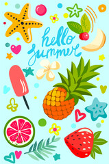 Summer vibe is a fully editable set of isolated cartoon elements on the theme of summer, vacation, exotic, tropics. Poster, card. Digital illustration for advertising, covers, print