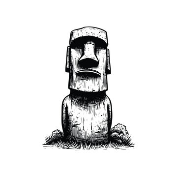 hand drawn moai statue illustration. engraving black and white moai statue vector illustration isolated on white background