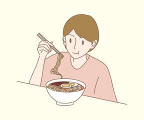 Young man eating ramen noodle soup with chopsticks. Hand drawn flat cartoon character vector illustration.