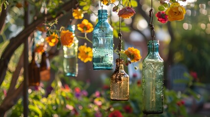 Naklejka premium Repurposed Glass Bottles Transformed into Hanging Bird Feeders for Eco Friendly Garden Decor
