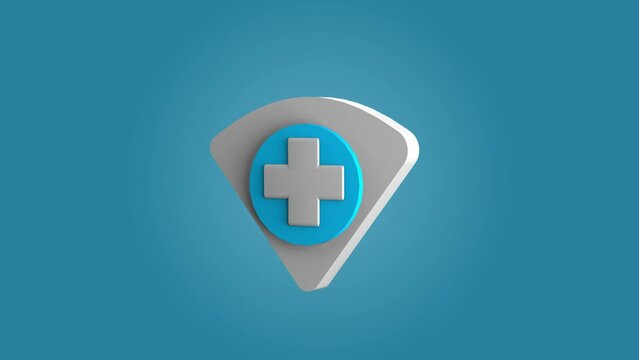 3D shield with a plus symbol in the centre on a light blue background. Represents the concept of medical care and access to health services, protection and health care.