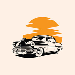 silhouette of a vintage car with a circle pattern behind it