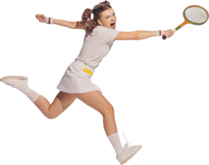 Portrait of young emotive girl in white uniform playing badminton against transparent background. Concept of emotions, professional sport, hobby, active lifestyle, retro fashion, beauty.