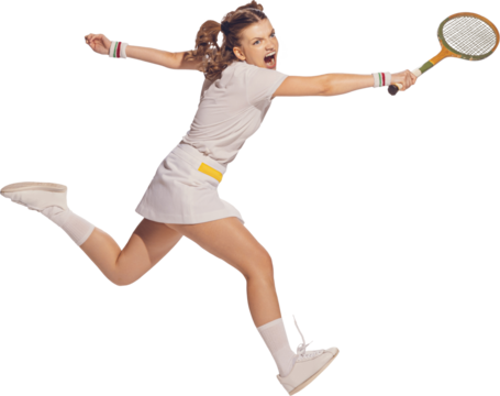 Portrait of young emotive girl in white uniform playing badminton against transparent background. Concept of emotions, professional sport, hobby, active lifestyle, retro fashion, beauty.