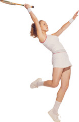 Portrait of young sportive woman in white uniform playing badminton against transparent background. Concept of professional sport, dynamic, hobby, active lifestyle, retro fashion, beauty.