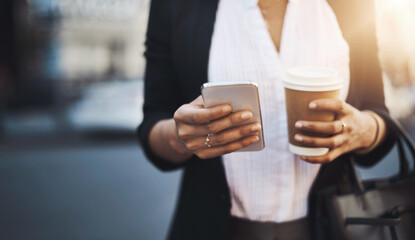 Businesswoman, coffee and walking with phone for communication, networking and social media in city. Female person, latte and travel with smartphone to work for email, clients and app while trading