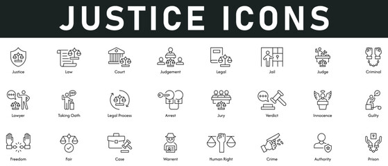 Justice Icons vector illustration with thin line editable stroke contains law, court, judgement, legal, jail, criminal, arrest, legal process, jury, authority, crime, human right, warrant, case, fair