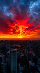 Fototapeta premium A city skyline is lit up by a beautiful sunset