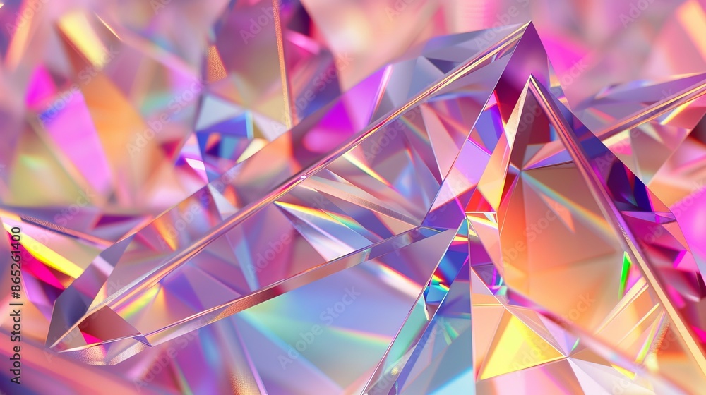 Poster array of geometric crystals on an iridescent background. 3d render of an iridescent gem, faceted, an