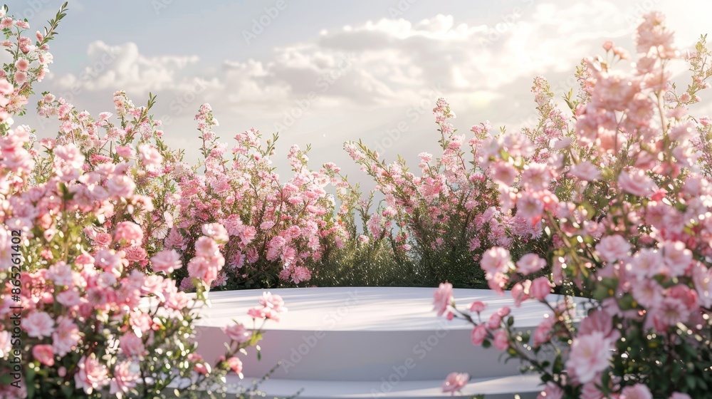 Poster a beautiful spring rose flower field scene in the background of a podium backdrop. a 3d rendering of
