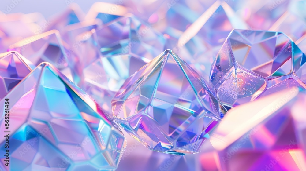 Poster a geometric crystal background with iridescent texture, faceted gem, and liquid. 3d render...