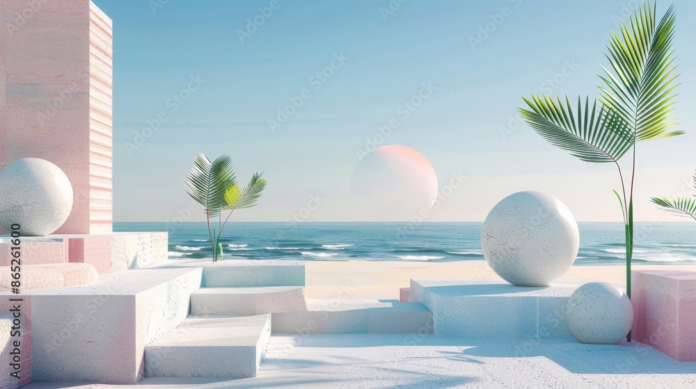 Poster the scene is an abstract summer landscape scene with geometric form. it has an ocean beach view in t