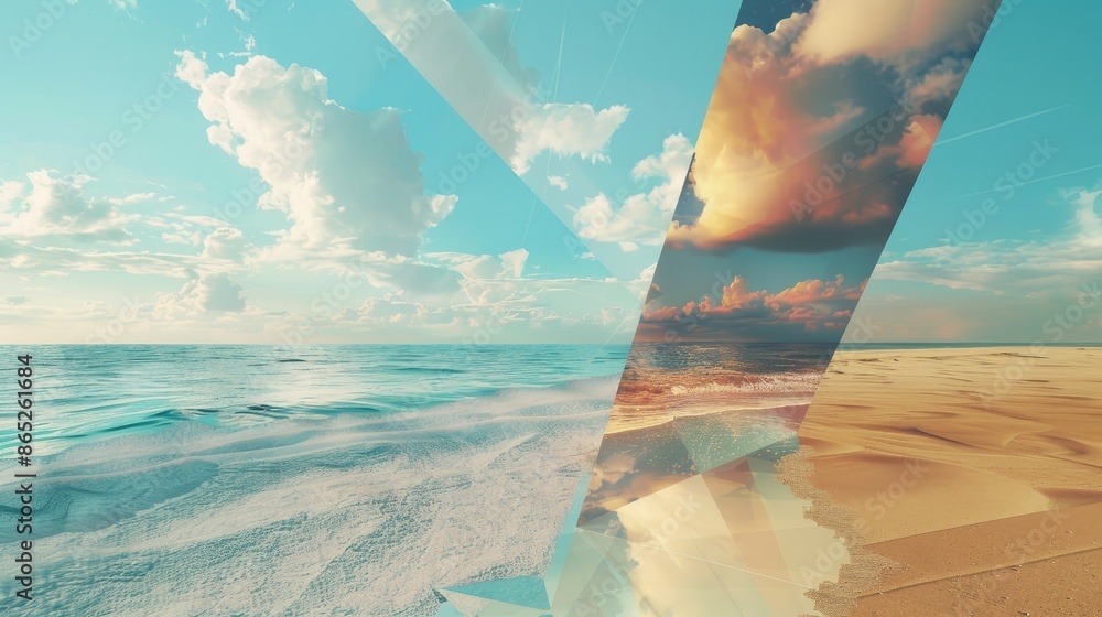 Poster abstract summer landscape scene. ocean beach scene. 3d rendering...