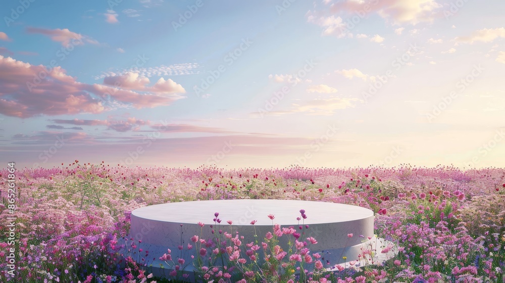 Poster this is a 3d rendering of a beautiful spring flower field as a podium backdrop.