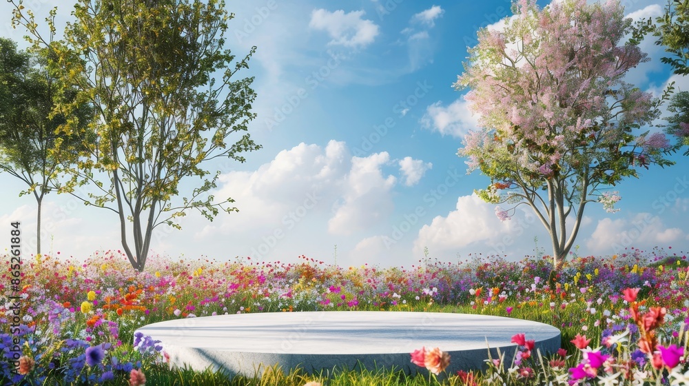 Poster a natural beauty podium backdrop with a field of spring flowers. a 3d rendering...