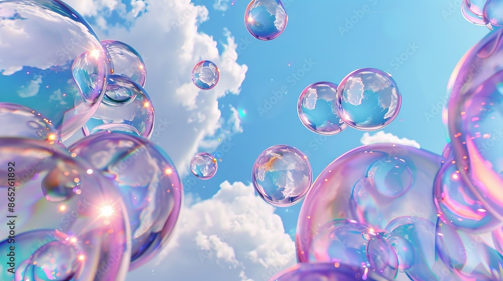 Poster a holographic soap bubble floats on a sky background, surrounded by fluid and blobs of liquid. metab