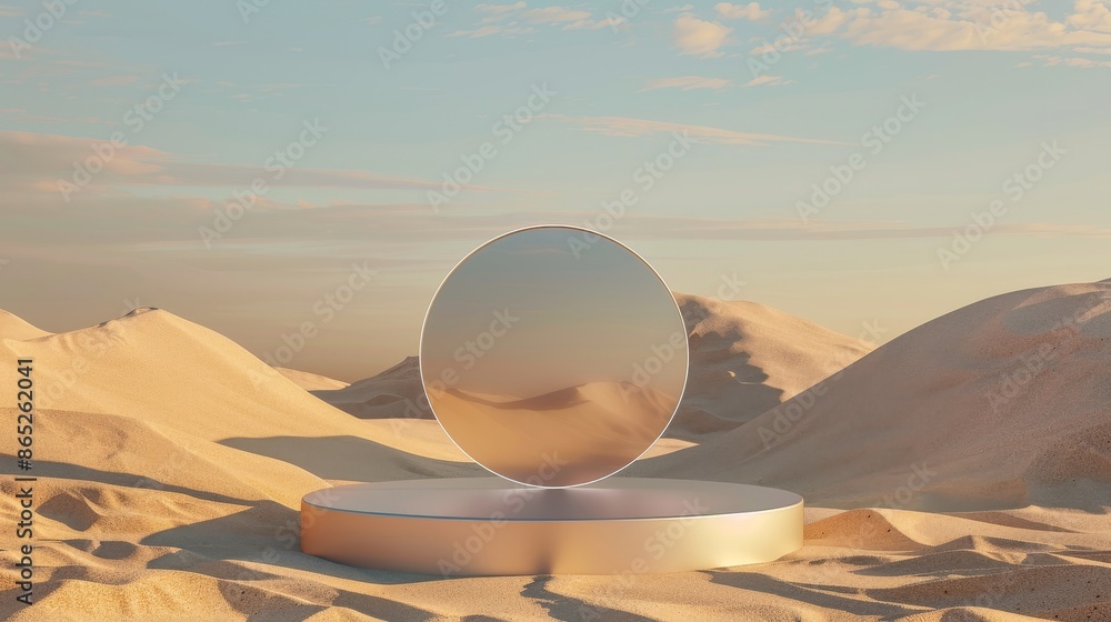 Aufkleber 3d rendering of an abstract desert background with a mirror podium backdrop.