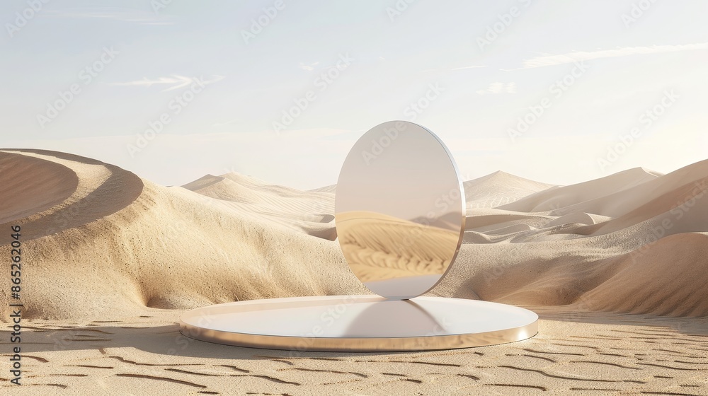 Poster the backdrop of a podium in a desert is abstracted with a mirror.