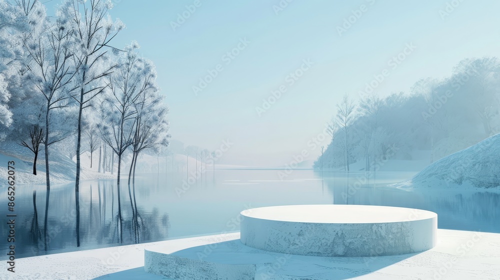 Poster the background is a minimal 3d landscape with an abstract winter scene with a podium in the lake.