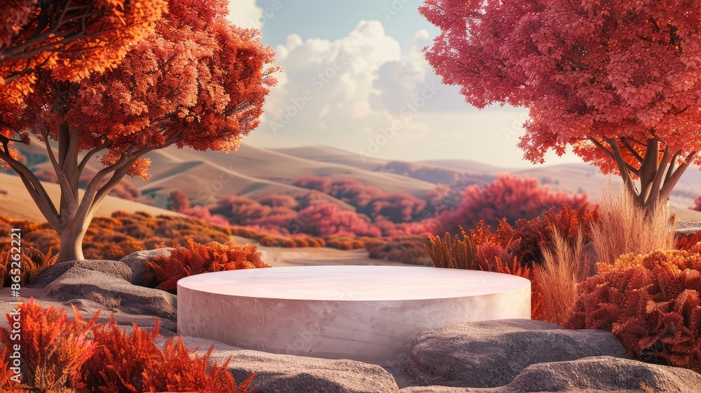 Poster A 3D rendering of an abstract autumn landscape with a podium background.