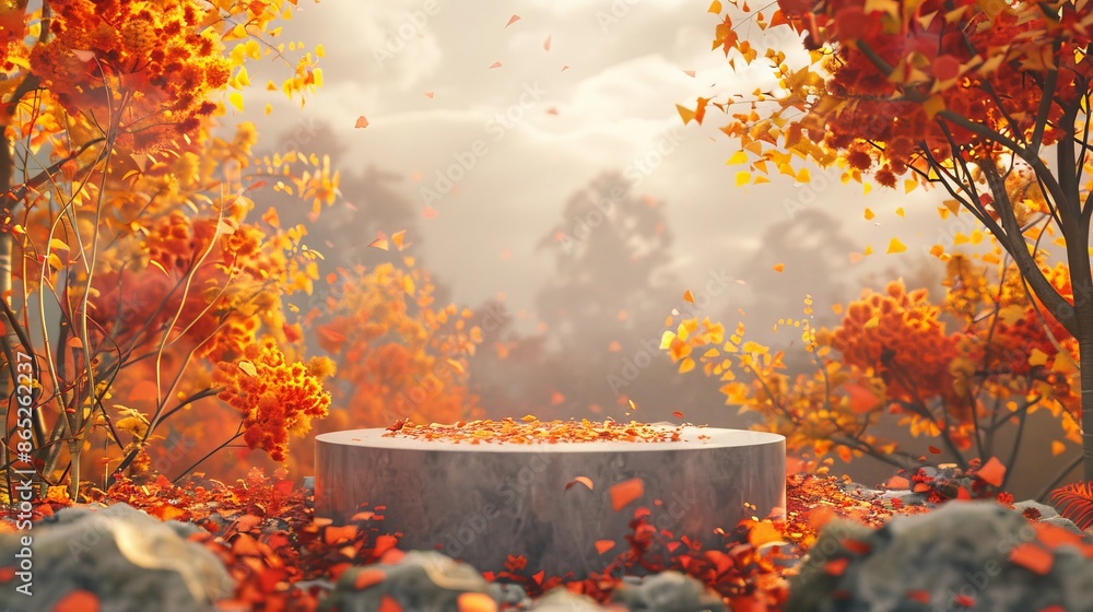 Poster this 3d rendering shows an abstract autumn landscape scene with a podium in the background.