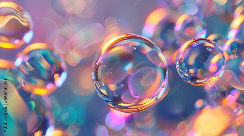 Poster 3d art background with holographic floating liquid blobs, soap bubbles, and metaballs.