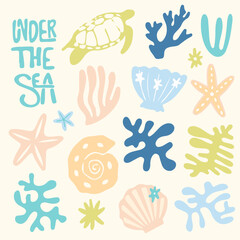 Under the sea with coral shell starfish and turtle vector