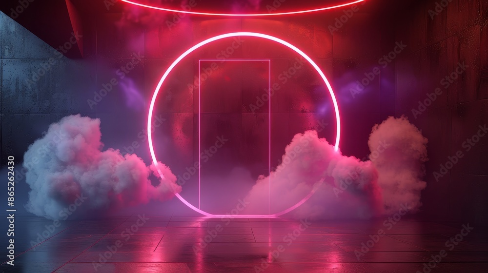 Poster 3d rendering of futuristic modern empty stage with glowing neon circle shape and cloud.