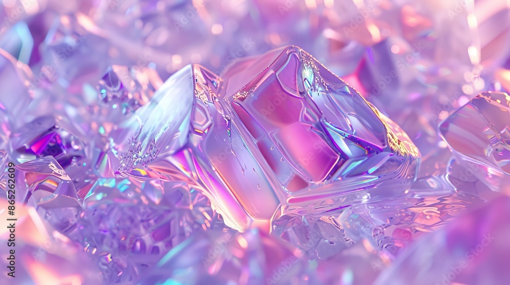 Aufkleber an abstract geometric crystal background with iridescent textures and liquid. 3d render.