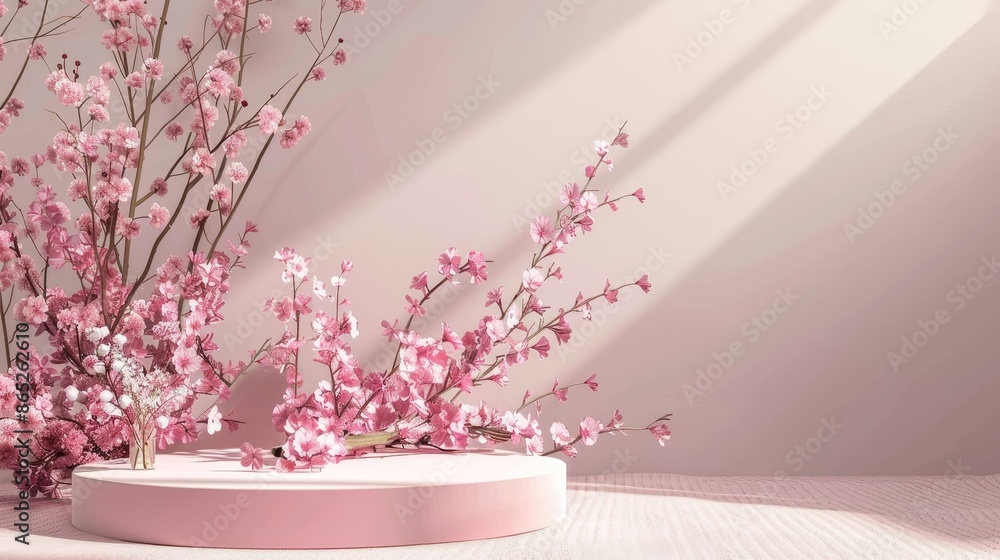 Aufkleber spring flower podium backdrop for product display. 3d rendering.