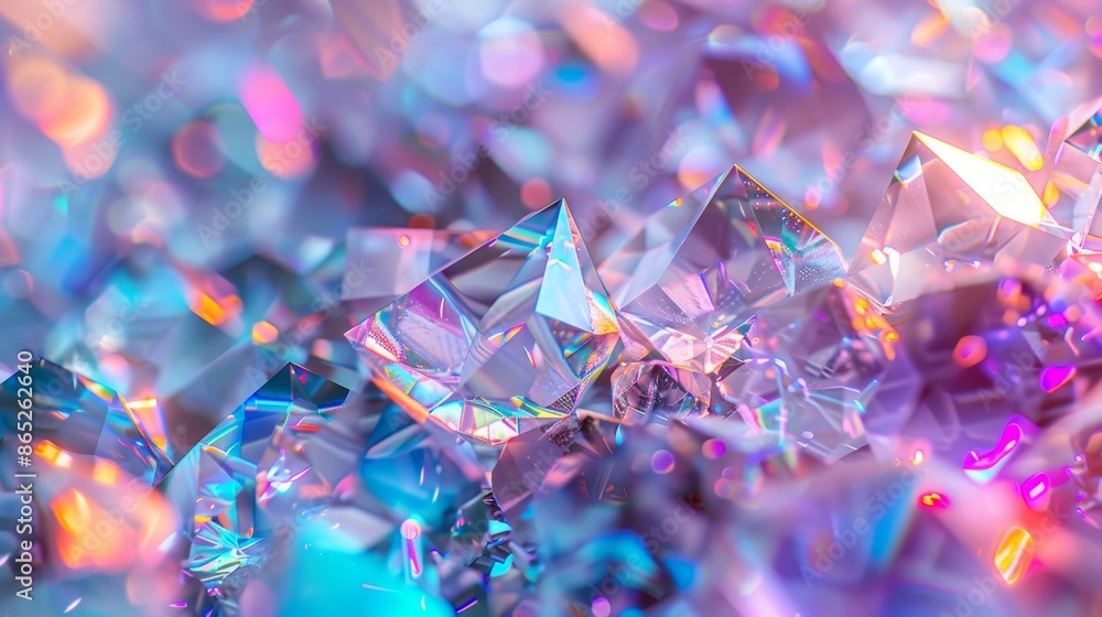 Aufkleber an abstract geometric crystal background with an iridescent texture and liquid, rendered in 3d.